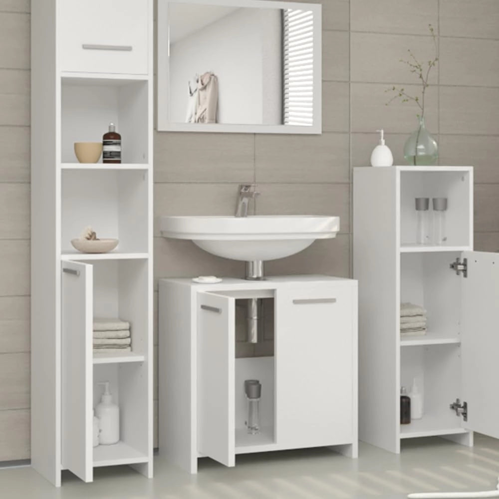 Mobile sottolavabo per bagno Kiko, Bianco, 58 x 60 cm, con ritaglio per sifone e spazio di stoccaggio per l’organizzazione del bagno
