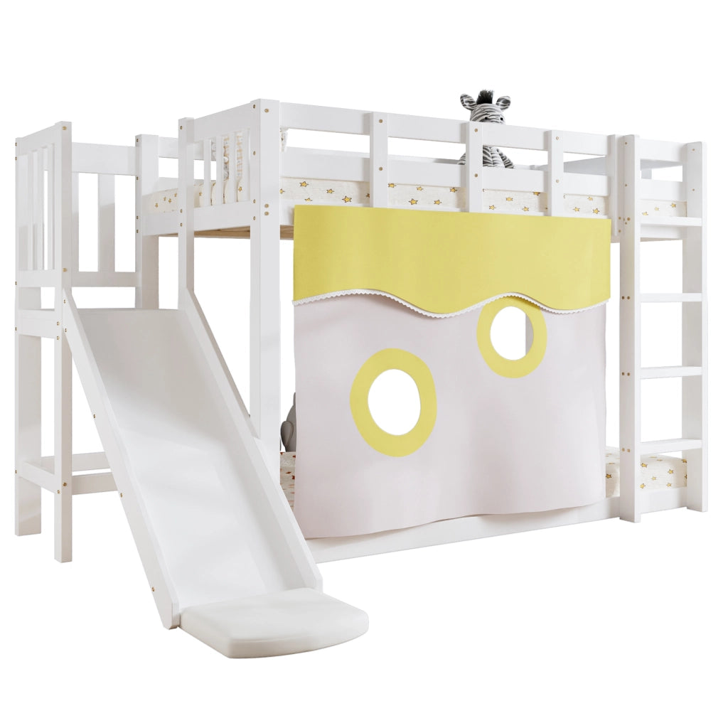 Letto a castello 90x200 cm con scivolo; scala e tendine in MDF e legno bianco