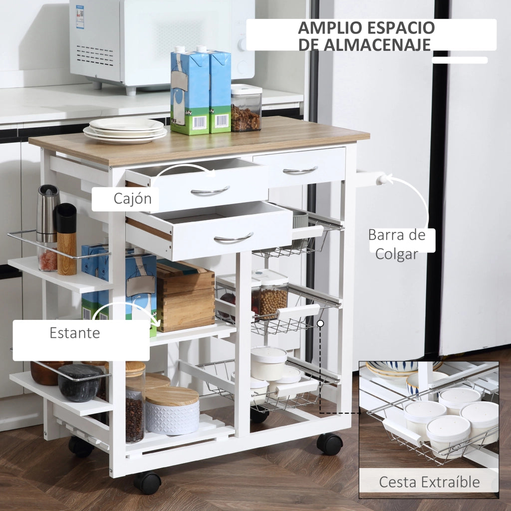 Carrello da cucina multifunzione con cassetti e cestini ¨C zephmum ¨C 92x37x82 cm bianco