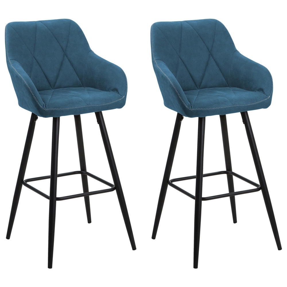 Set di 2 sgabelli da bar rivestiti in tessuto blu con braccioli imbottiti schienale gambe in metallo Nero
