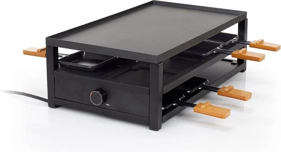Griglia per Raclette in Acciaio Nero per 8 Persone con Piastra di Cottura per Piattoni Grande Superficie di Cottura 44 x 25 cm Termostato Regolabile 1300 Watt