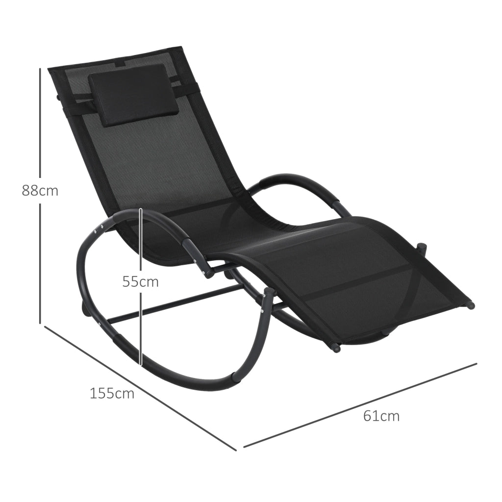 Sedia Sdraio a Dondolo Zero-Gravity da Esterno Impermeabile con Poggiatesta, 155x61x88 cm, Nero