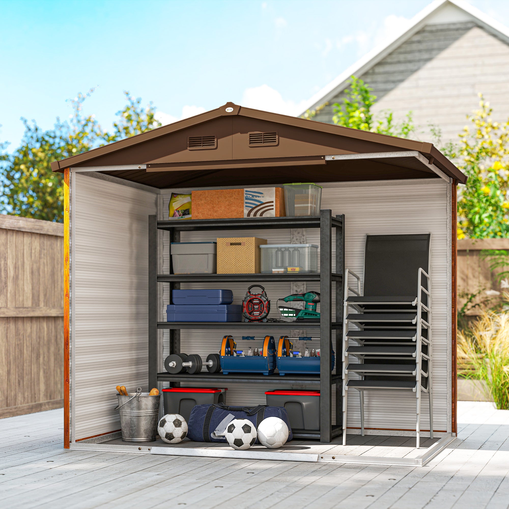 Casetta da Giardino Porta Attrezzi 235,7x152x208,7 cm con Pannelli in Acciaio Galvanizzato Effetto Legno Marrone