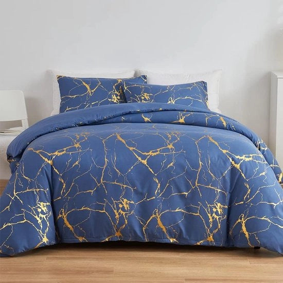 Set di biancheria da letto, 3 pezzi, blu romantico, 1 x copriletto 200 x 200 cm e 2 x cuscini 80 x 80 cm, chic, oro, motivo marmo e lampo, per letto singolo con chiusura a zip, morbido, microfibra, facile da pulire