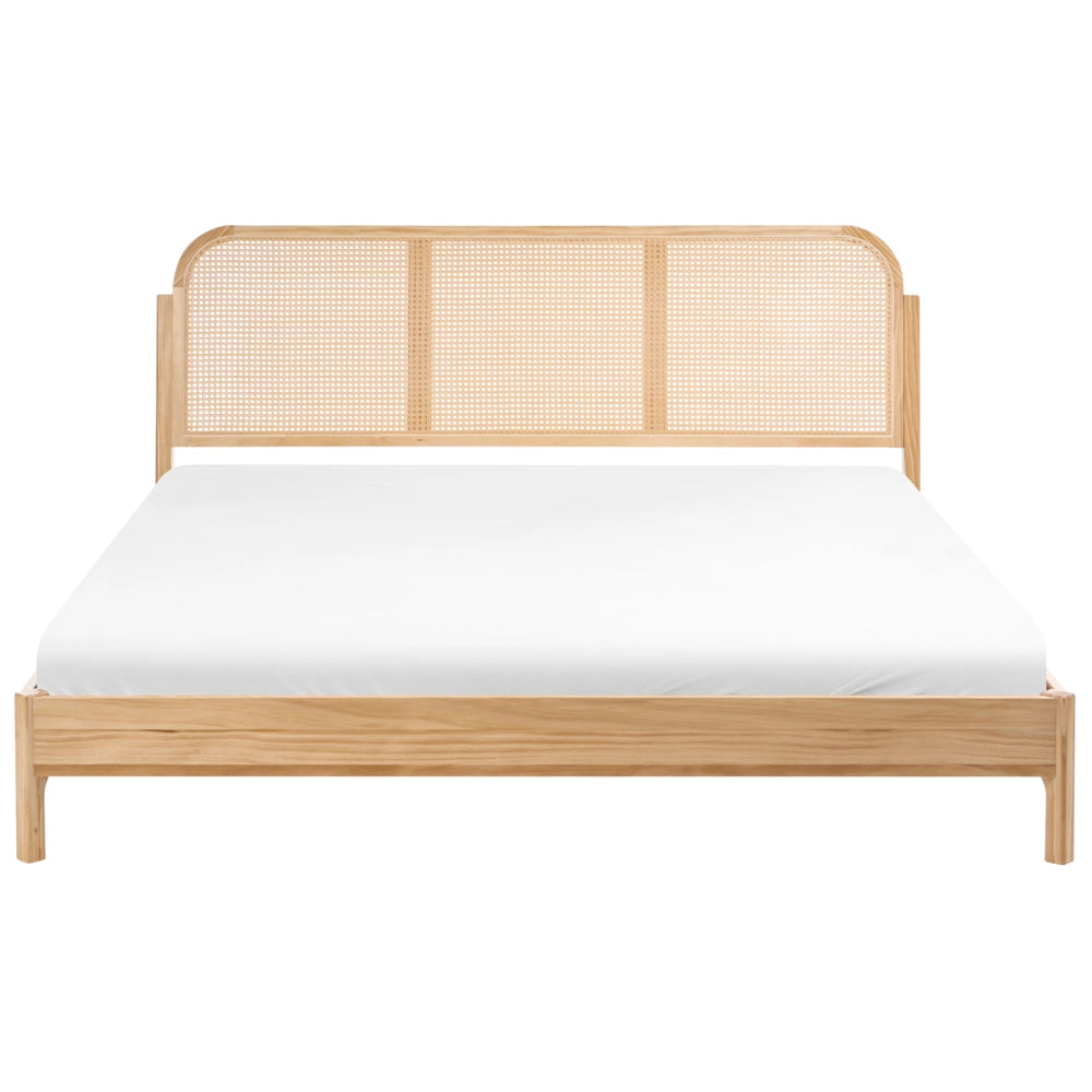 Letto matrimoniale con struttura in legno di pino e testiera in rattan sintetico 180x200 cm con doghe per camera da letto color marrone chiaro
