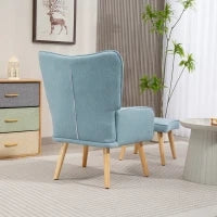 Poltrona con Poggiapiedi, Schienale Alto Trapuntato, Gambe in Legno e Rivestimento in Lino, Azzurro Chiaro