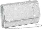 Clutch con Glitter Argento, Borsa da Sera Elegante Argento per Signora, Borsa a Tracolla con Catena, 20 x 10 x 5 cm, Ideale per Festa, Matrimonio, Appuntamento