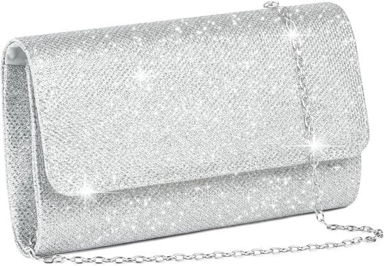 Clutch con Glitter Argento, Borsa da Sera Elegante Argento per Signora, Borsa a Tracolla con Catena, 20 x 10 x 5 cm, Ideale per Festa, Matrimonio, Appuntamento
