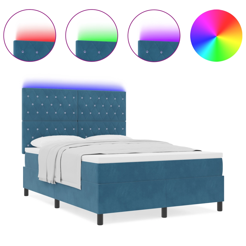 Letto a Molle con Materasso & LED Blu Scuro 140x200 cm Velluto