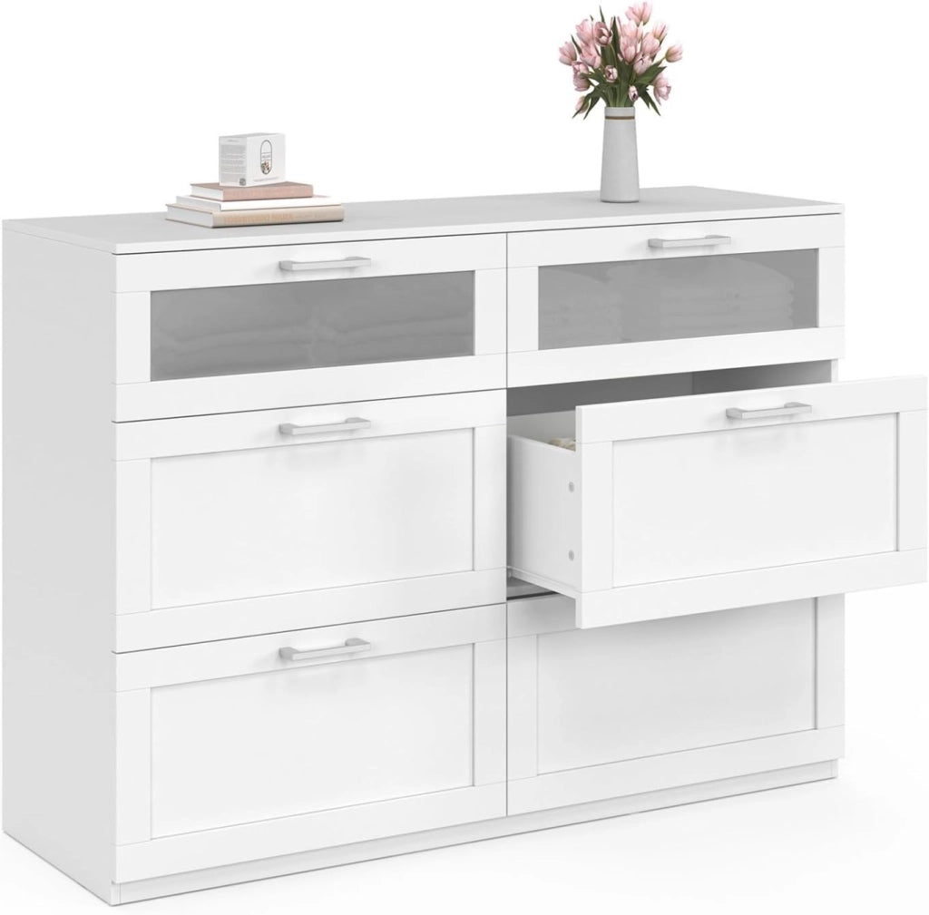 Cassettiera a 6 cassetti VITO 110 cm, legno bianco ed effetto smerigliato