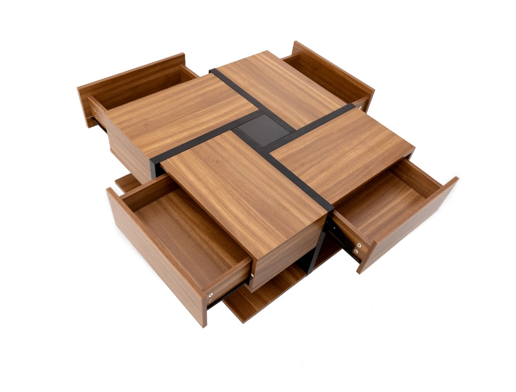 Tavolino da Caffè Quadrato con 4 Cassetti e Ripiano Inferiore; Motivo a Linee; Stile Moderno; in Pannelli di Particelle; Naturale; 78×78×36 cm