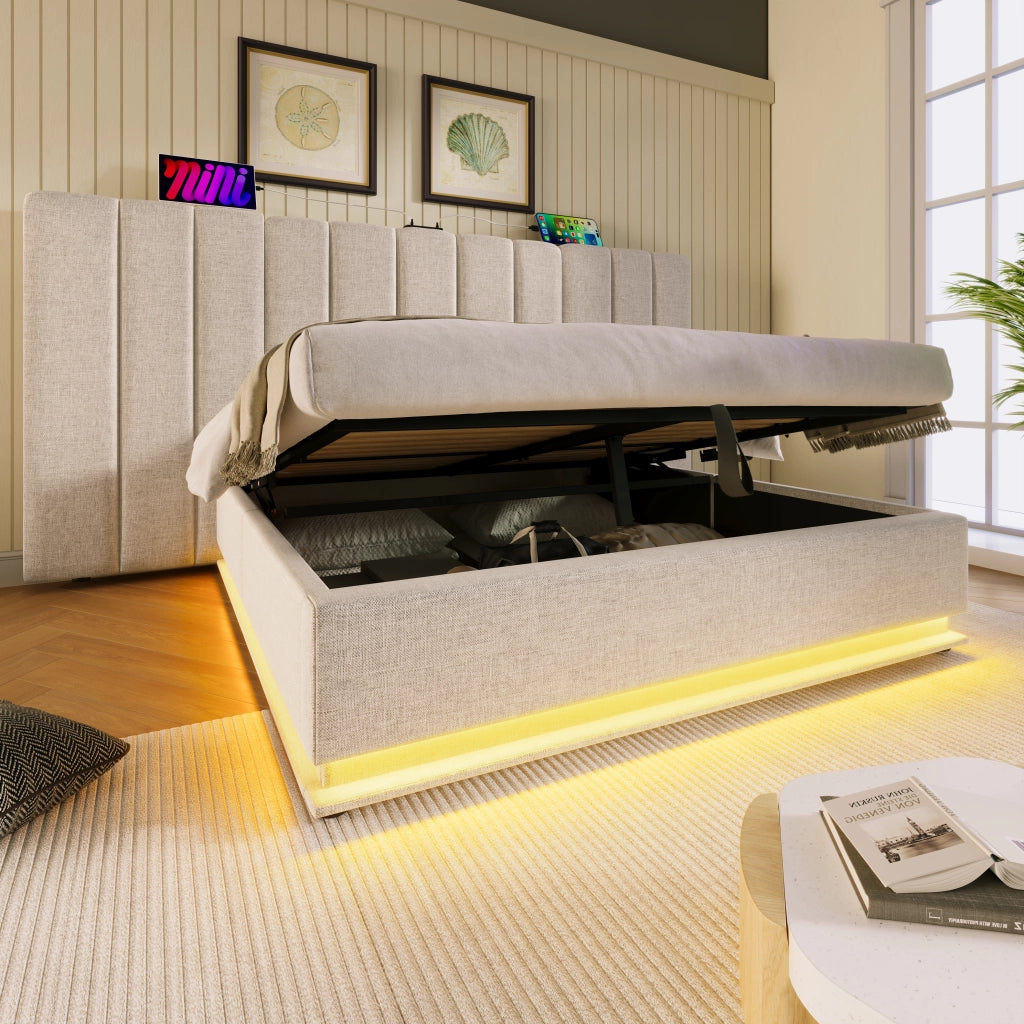 Letto Contenitore Matrimoniale 160x200 cm; USB e Type-C; LED 360°; Beige