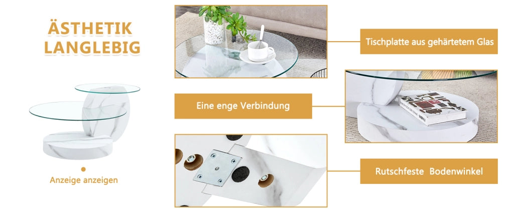 TAVOLINO DA CAFFÈ Doppio piano Ø70/50 cm MDF Bianco Marmo Vetro Trasparente