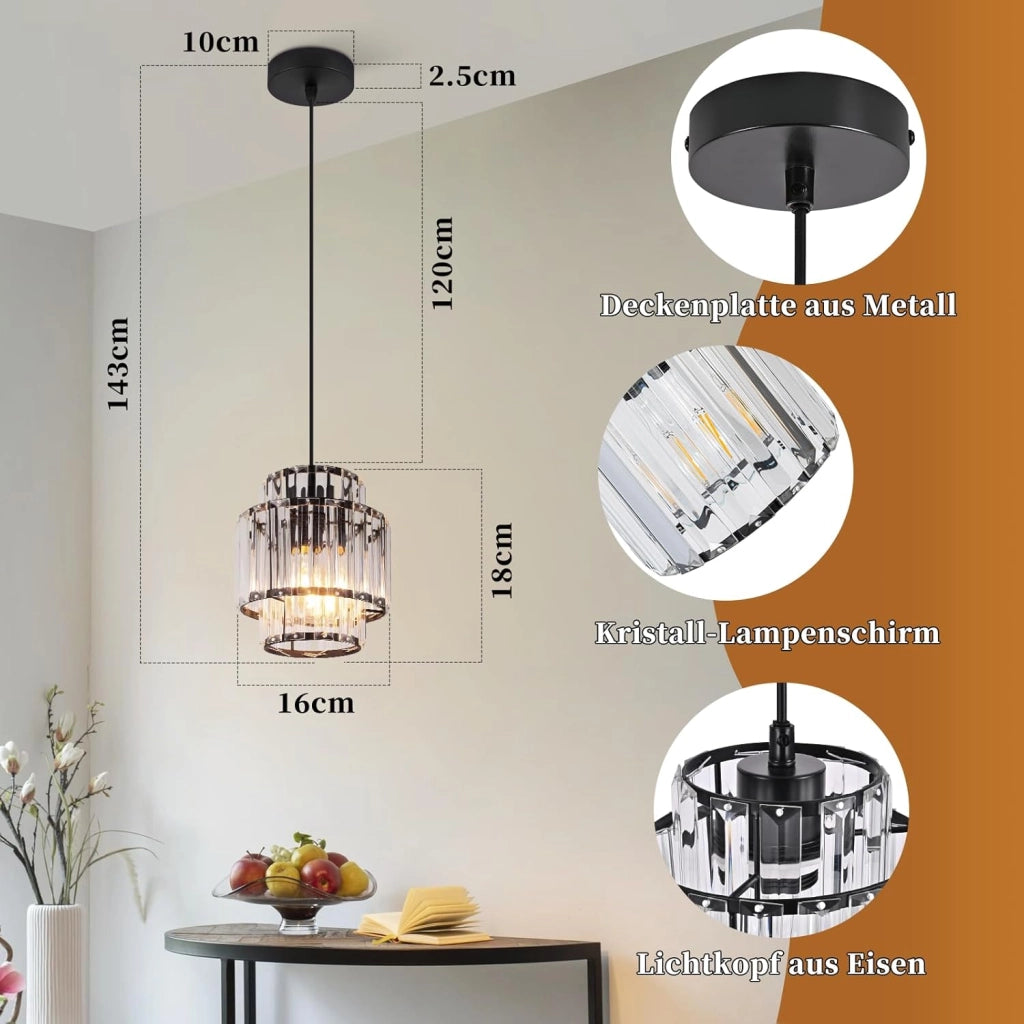 ZMH Lampada a Sospensione 1 Luce E27 Nera Pendente in Cristallo Vintage Regolabile Per Soggiorno Lampadina Non Inclusa