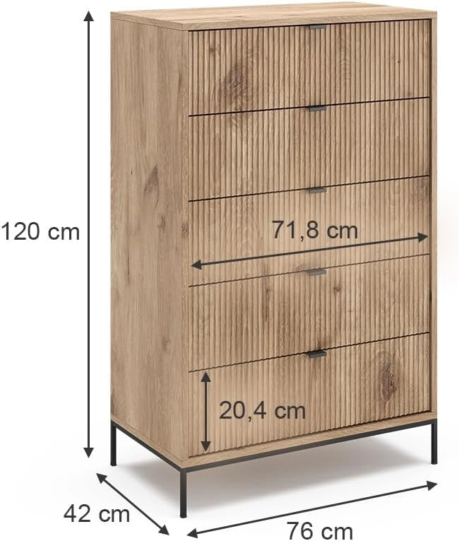 Cassettiera Eliza, Quercia vichinga, 76 x 120 cm con 5 cassetti, per conservazione e utilizzo in camera da letto o corridoio