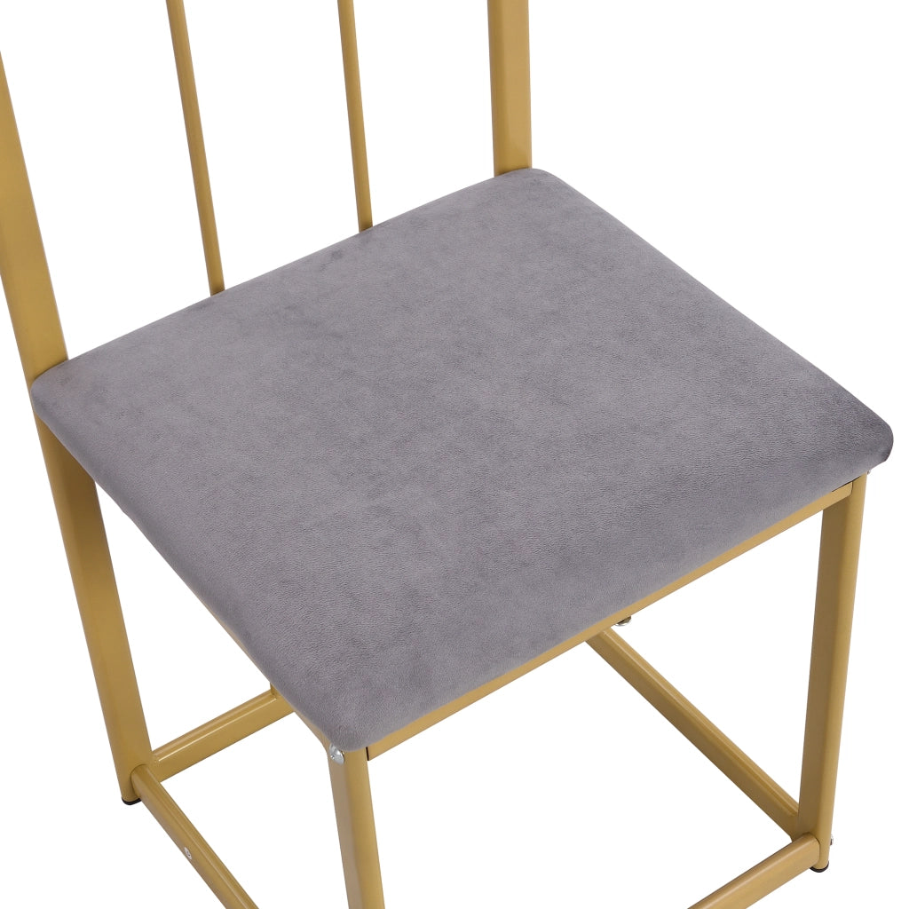 Tavolo da pranzo per 6 persone con sedie e schienale, cuscini grigi, struttura in ferro oro, in MDF, bianco