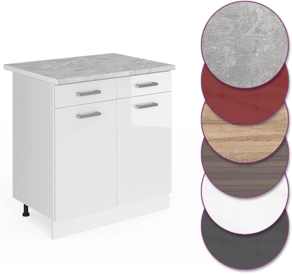 Mobiletto base per cucina R-Line, Bianco lucido, 80 cm, PL Marmo, per la libera combinazione all'interno di sistemi cucina modulari