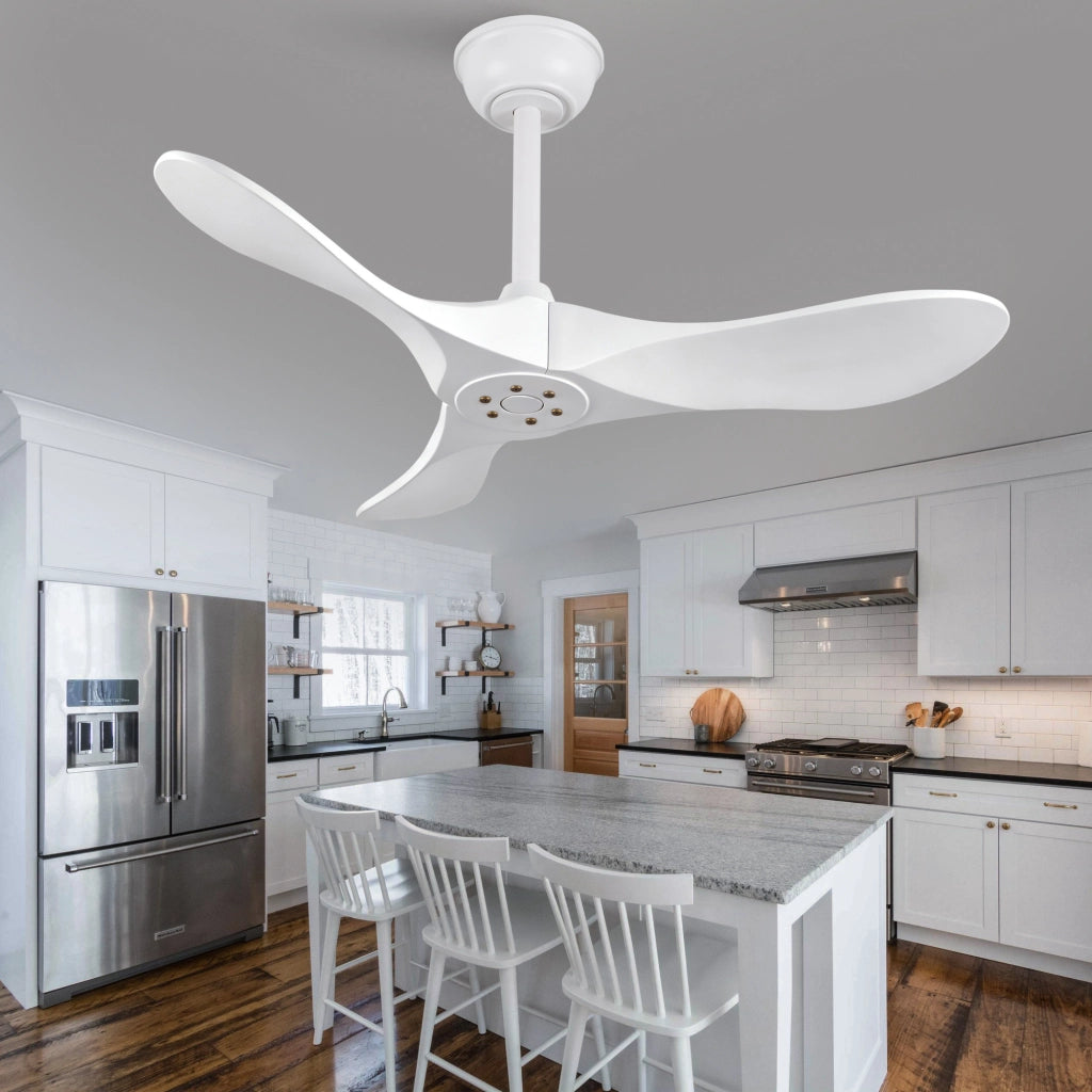 Ventilatore da soffitto bianco design moderno 36 pollici, 3 pale legno massello, senza illuminazione, motore DC reversibile silenzioso