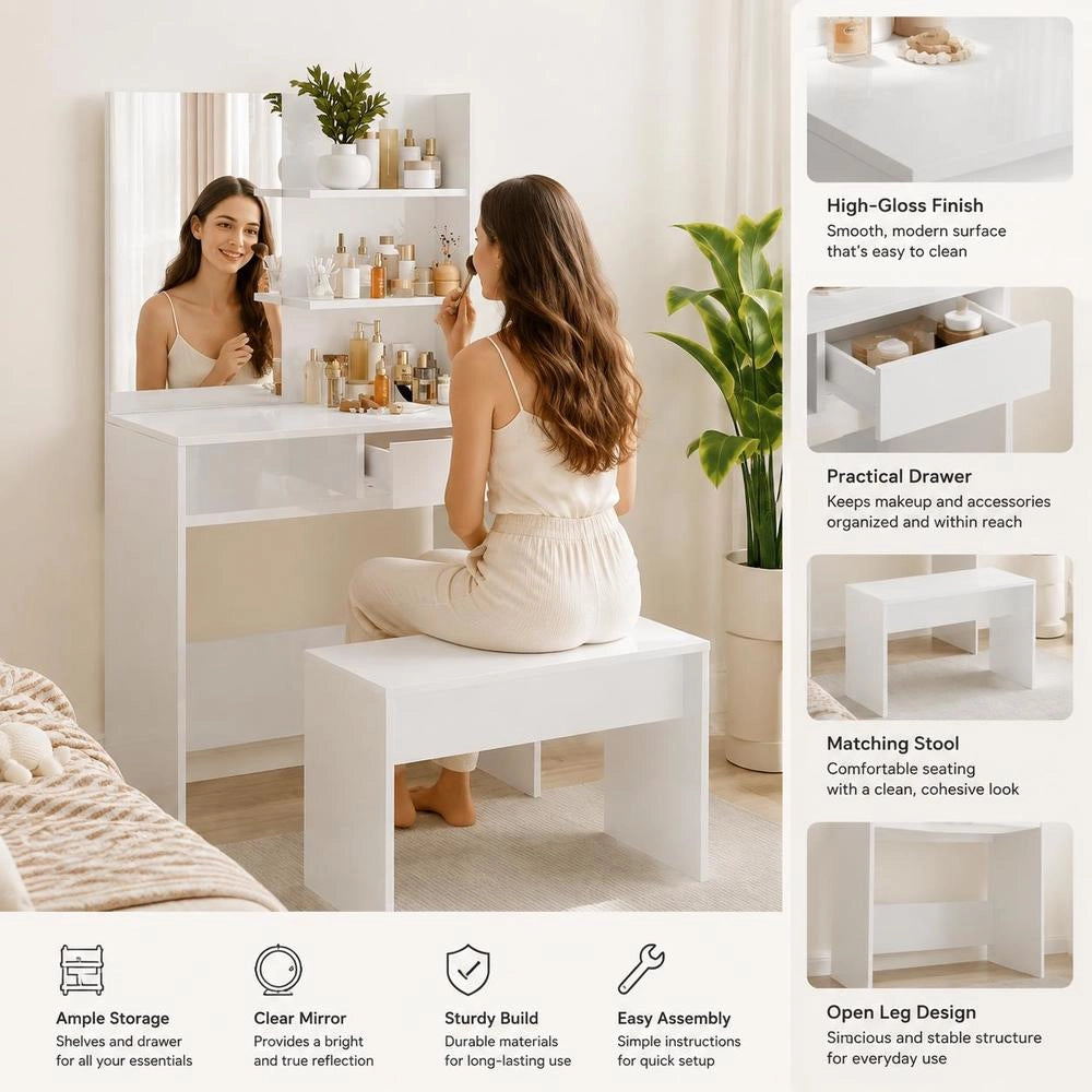 Dressing Table With Mirror, High-gloss White, 74.5x40x141 Cm