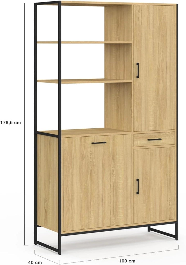 Credenza da cucina DETROIT con colonna portaoggetti 100 CM, 3 ante + cassetto, design industriale