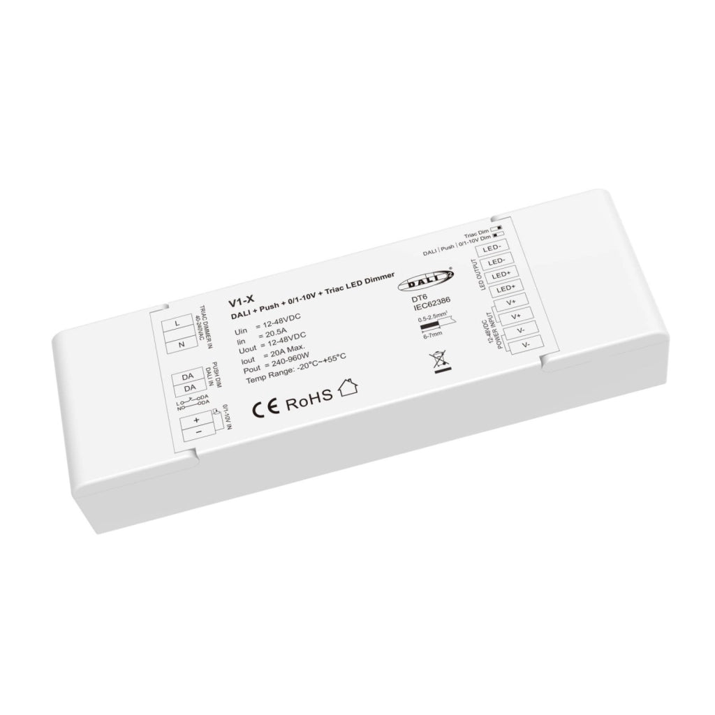 Led Dimmer DALI-2 AC Push Triac 0/1-10V, Pulsante NO, 12V 24V 36V 48V 20A, 1 Canale Tensione Costante, per Strisce LED Monocolore, V1-X