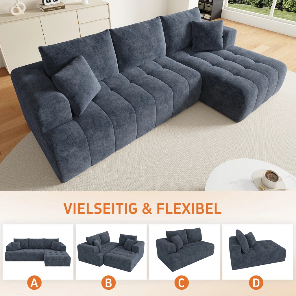Divano ad angolo modulare senza struttura con design basso e cuscini in chenille blu 244,5 × 136 × 79 cm