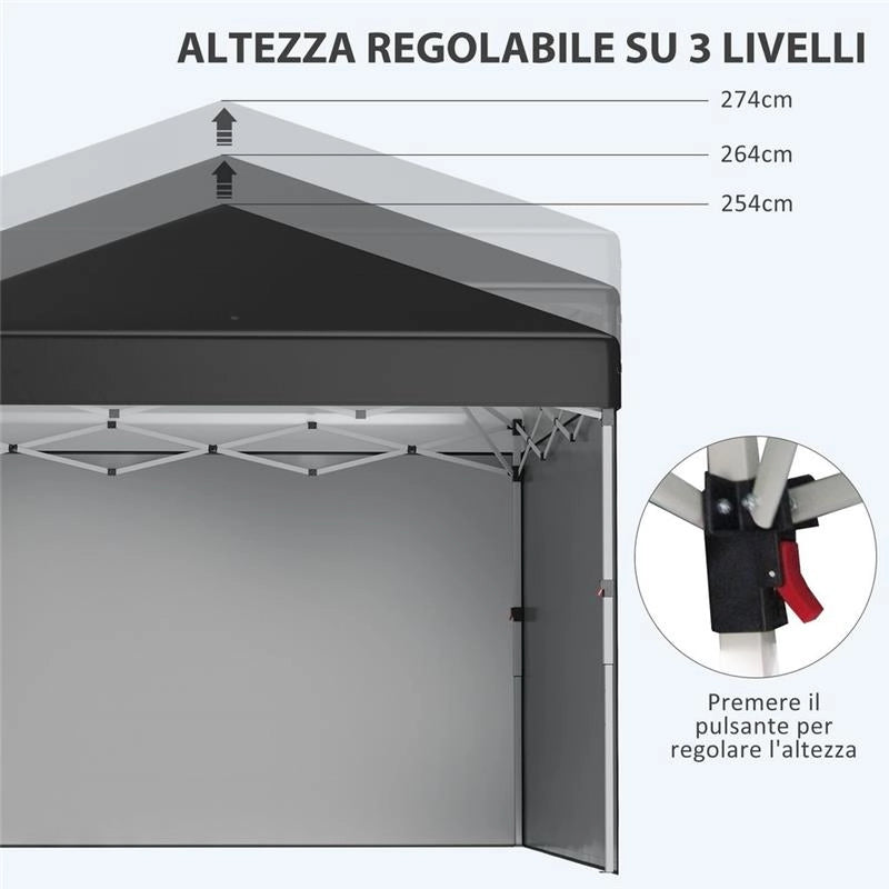 GAZEBO DA GIARDINO PIEGHEVOLE AD ALTEZZA REGOLABILE CON 2 PARETI E BORSA INCLUSA, 297X297X274 CM, NERO