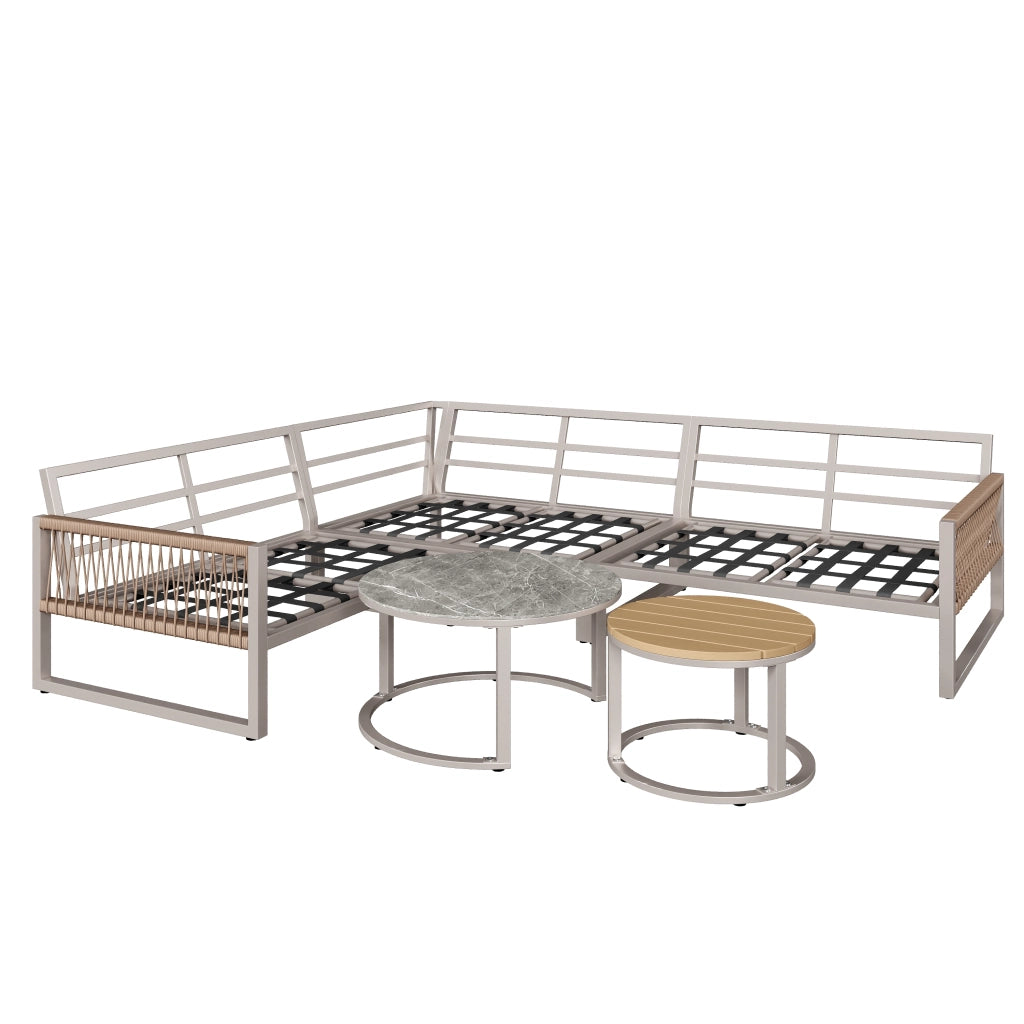 Set giardino 6-7 persone: Divanooo angolare; ferro zincato; piedini regolabili; cuscini inclusi; beige