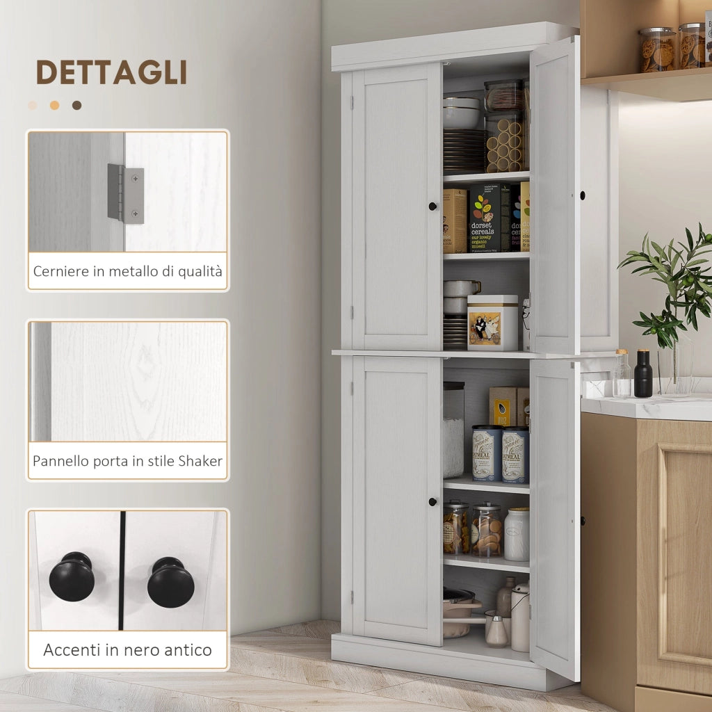 Credenza Mobile Alto Cucina 4 Ante e 6 Ripiani 76x40,5x184 cm in Legno Bianco