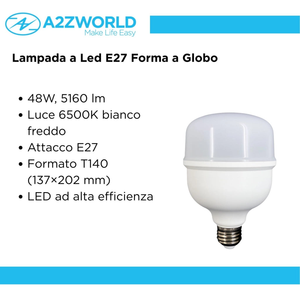 Lampada A Led E27 Globo T140 48W 5160LM Bianco Freddo 6500K 137X202mm