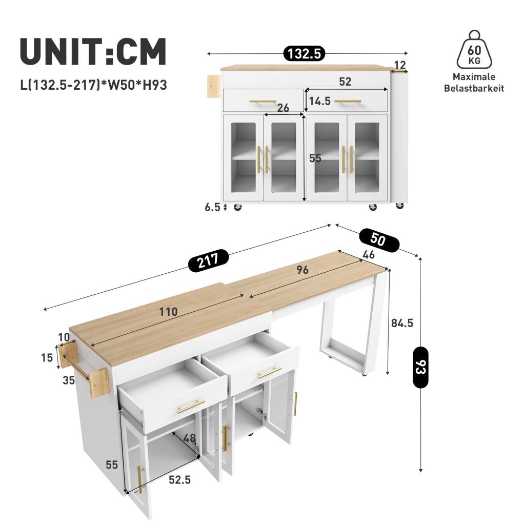 Carrello da cucina con piano estraibile, 2 cassetti, 2 ante in vetro, per cucina, in MDF bianco, 132,5-217 × 50 × 93 cm