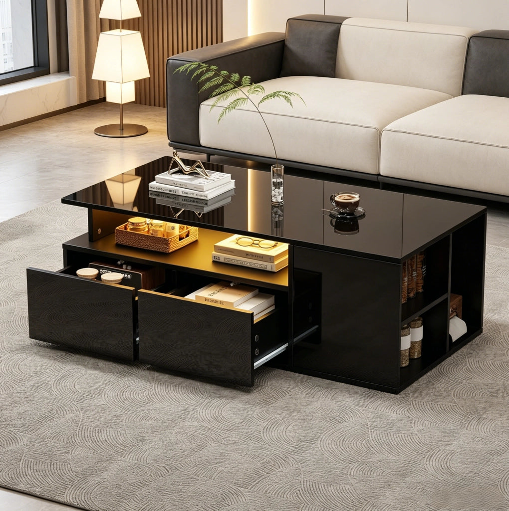 Tavolino da caffè 100x50x35 cm con LED; 2 cassetti; ripiano semiaperto; nero lucido