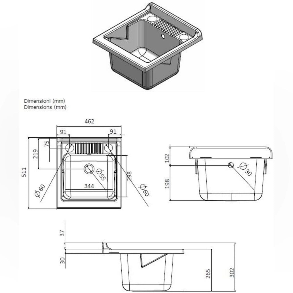 Lavatoio con mobile in nobilitato idrofugo W100 spessore 18 mm colore bianco 45x50 cm mod.