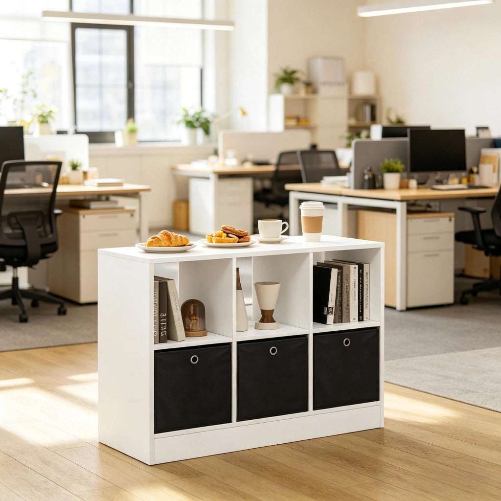 Libreria a cubi autoportante con 3 cassetti in tessuto, mobile contenitore da terra per casa e ufficio