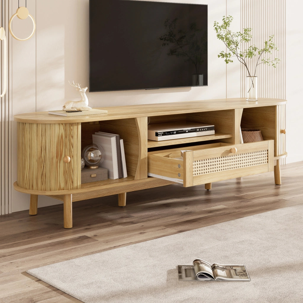 Mobile TV con Ante Scorrevoli e 2 Cassetti in Rattan; Stile Country; in MDF; 165??37??46 cm; Naturale