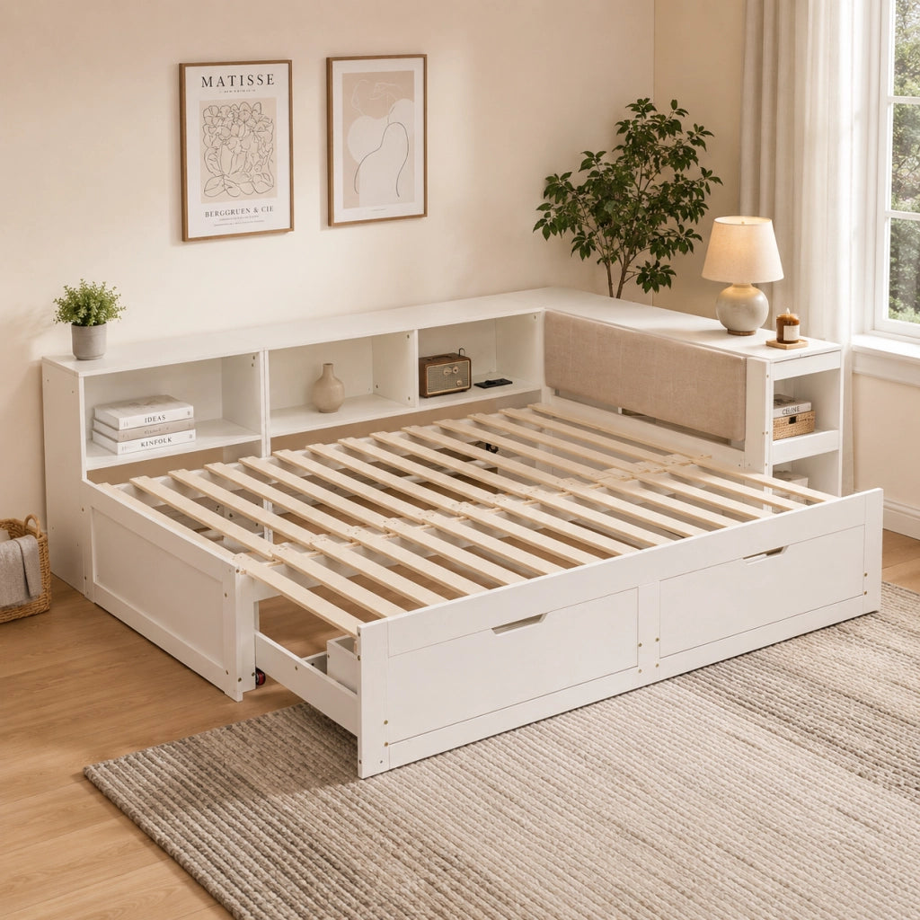 Letto combinato 90 × 200 cm estensibile con scrivania, presa elettrica EU, 2 cassetti, senza materasso, bianco