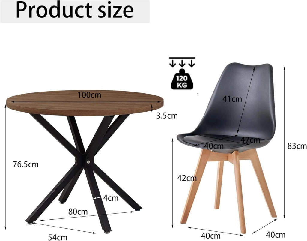 GrandCA HOME Set da pranzo Tavolo da pranzo con 4 sedie, Tavolo da pranzo rotondo in legno 100 * 100 * 75 cm, 4 sedie con schienale alto, Gambe in legno di faggio, (Marrone scuro + Nero)