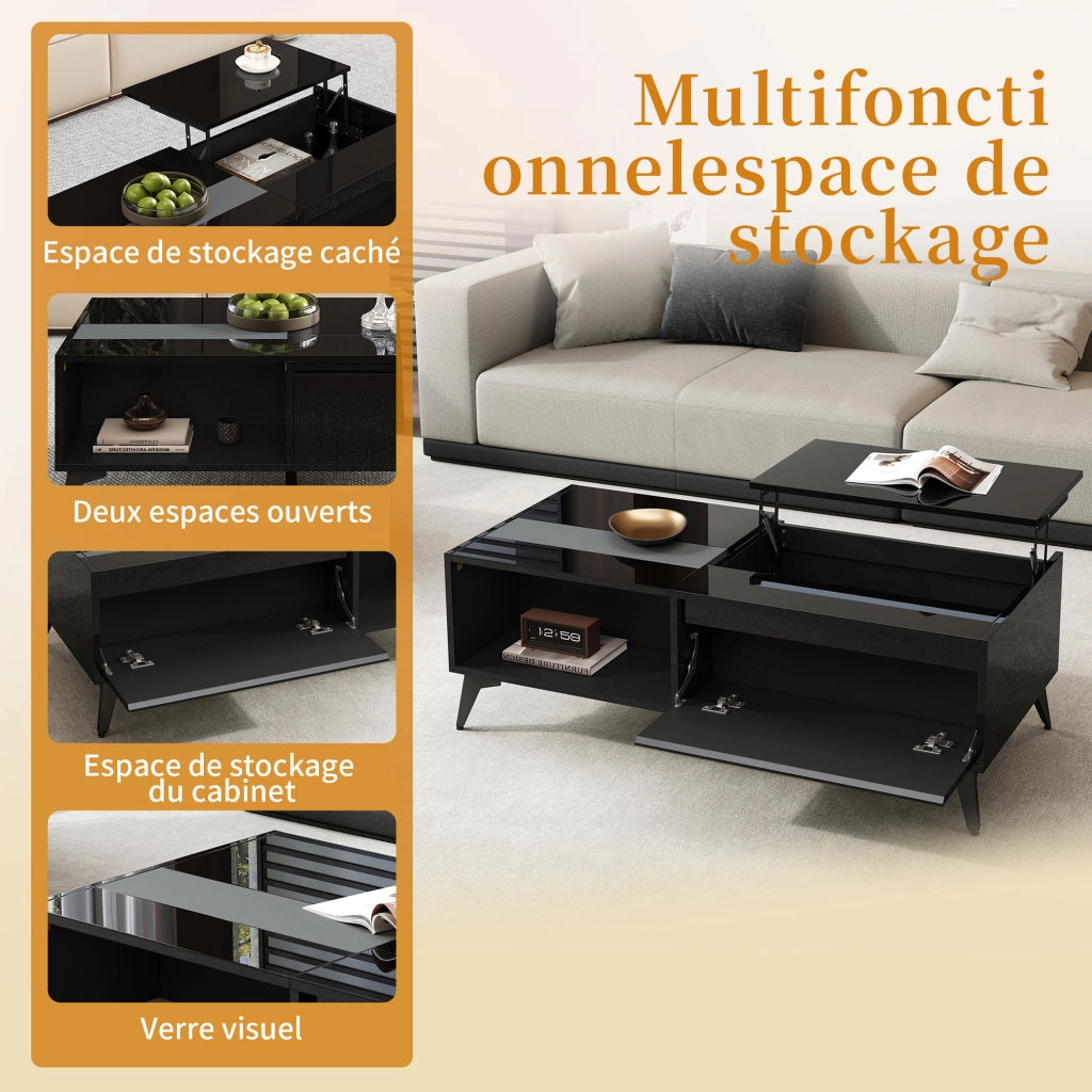 OKWISH Tavolino da Salotto con Piano Sollevabile, Vano Contenitore e Ripiani Aperti, Finitura Lucida, Nero, 110 x 50 x 48 cm