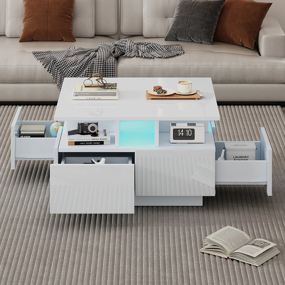 Tavolino-Xylo-70x70x40cm bianco LED 4 cassetti 30kg