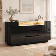 Credenza ULEVR 140x40x68 cm con 2 ante, 3 cassetti, ripiani semiaperti e LED, nero lucido