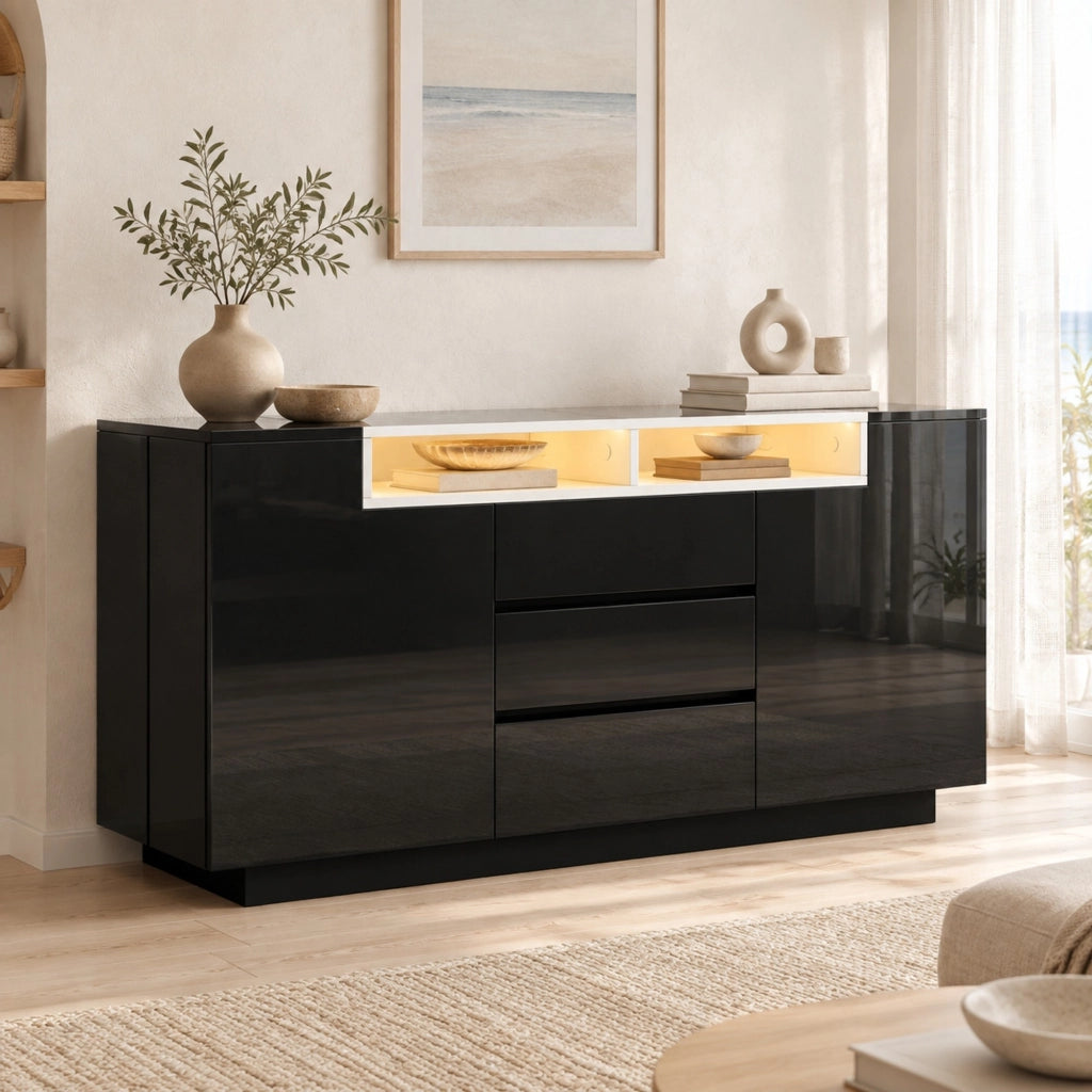Credenza ULEVR 140x40x68 cm con 2 ante, 3 cassetti, ripiani semiaperti e LED, nero lucido