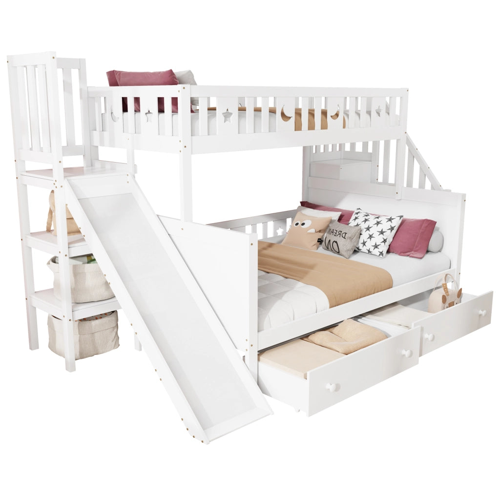 LETTO a Castello 90x200/140x200 cm con Scivolo e Scala in Legno Massello Bianco