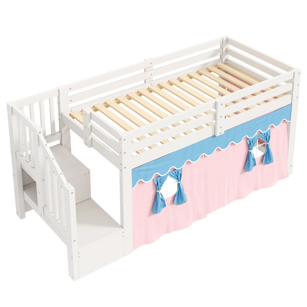 Letto a soppalco basso 90x200 cm in pino e MDF; bianco; con tende oscuranti e LED