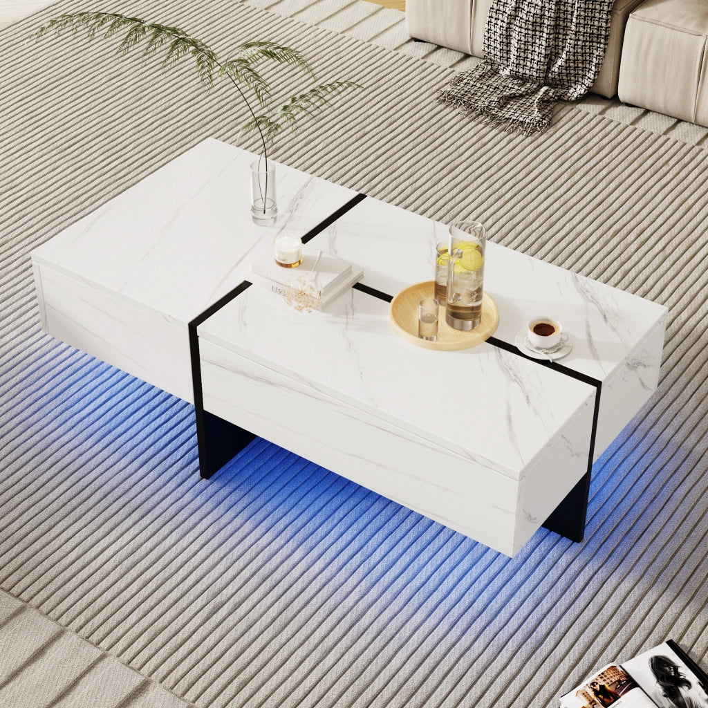 OKWISH Tavolino da Salotto Effetto Marmo Lucido con 3 Cassetti e LED controllato tramite applicazione, 100×50×34,5 cm