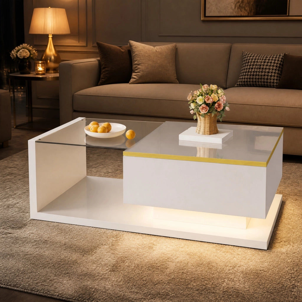 Tavolino da caff¨¨ 90 x 50 cm in bianco lucido con piano in vetro e LED