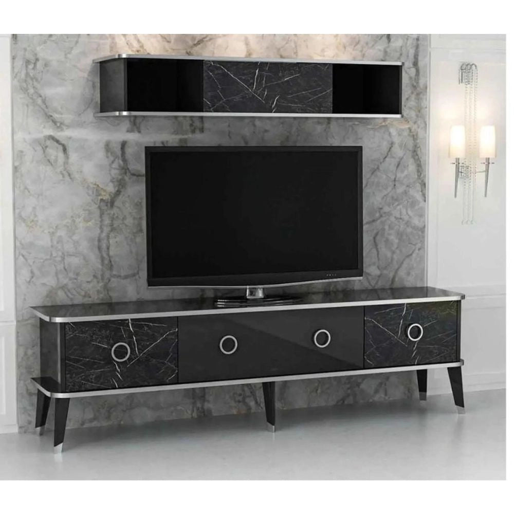 Mobile porta Tv con pensile effetto marmo nero particolari argento Bientv 180