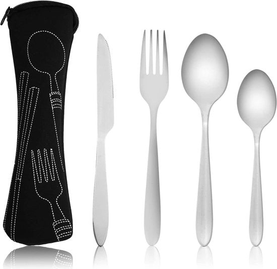 Set di forchette in acciaio inossidabile 4 pezzi con contenitore portatile e sacchetto in neoprene per picnic all'aperto