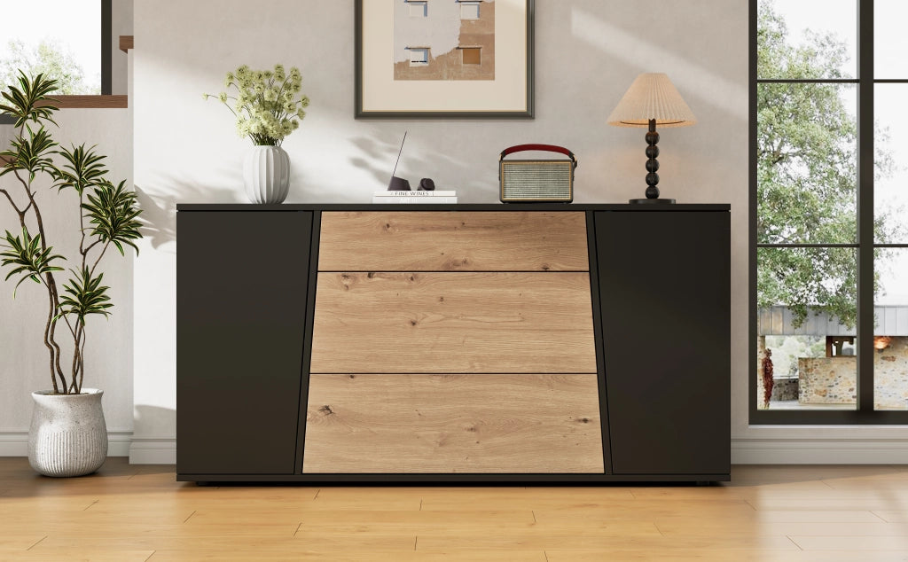 Credenza moderna 140 cm mobile buffet nero e legno con cassetti e ante