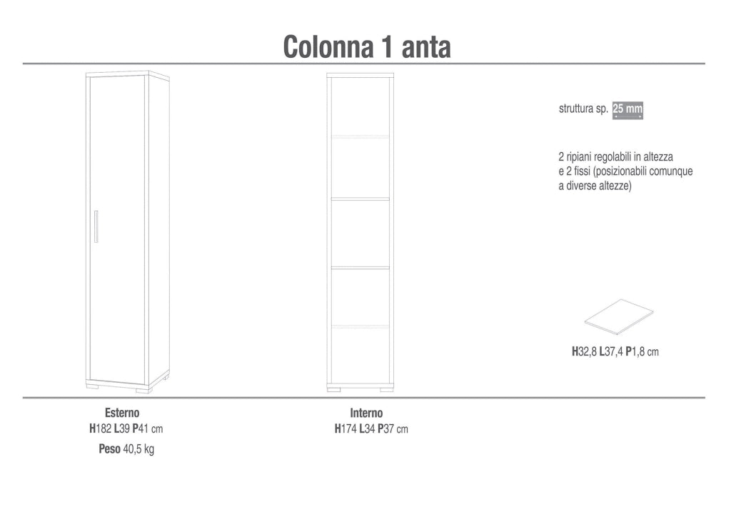 Armadio 1 Anta 39x182x41 cm Ossido Bianco/Cemento