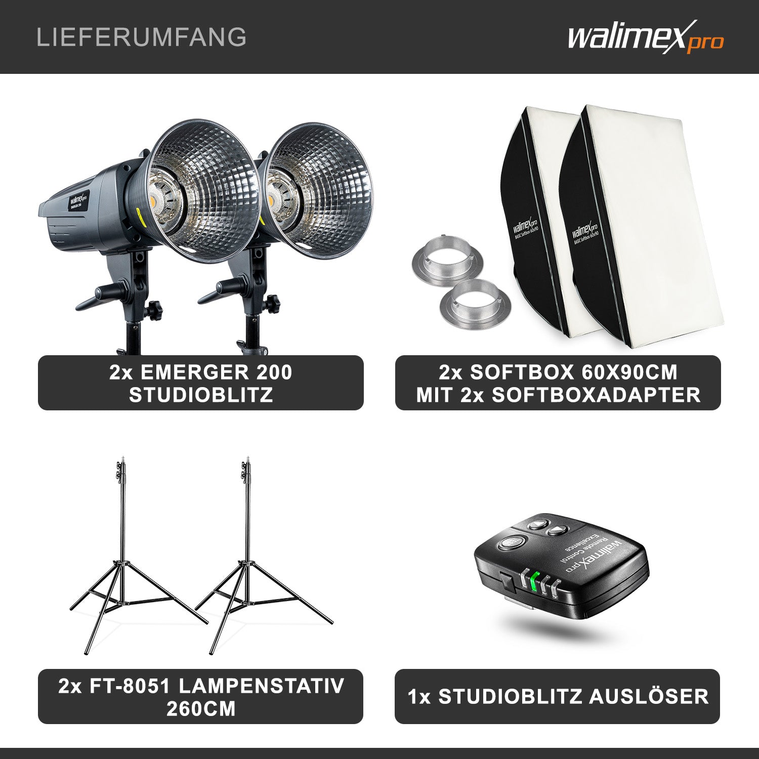 Emerger 200 Set 2 flash fotografici con potenza di 200 Ws, con radio a 2,4 GHz, softbox 60 x 90 cm e treppiedi per luci, inclusa borsa di trasporto